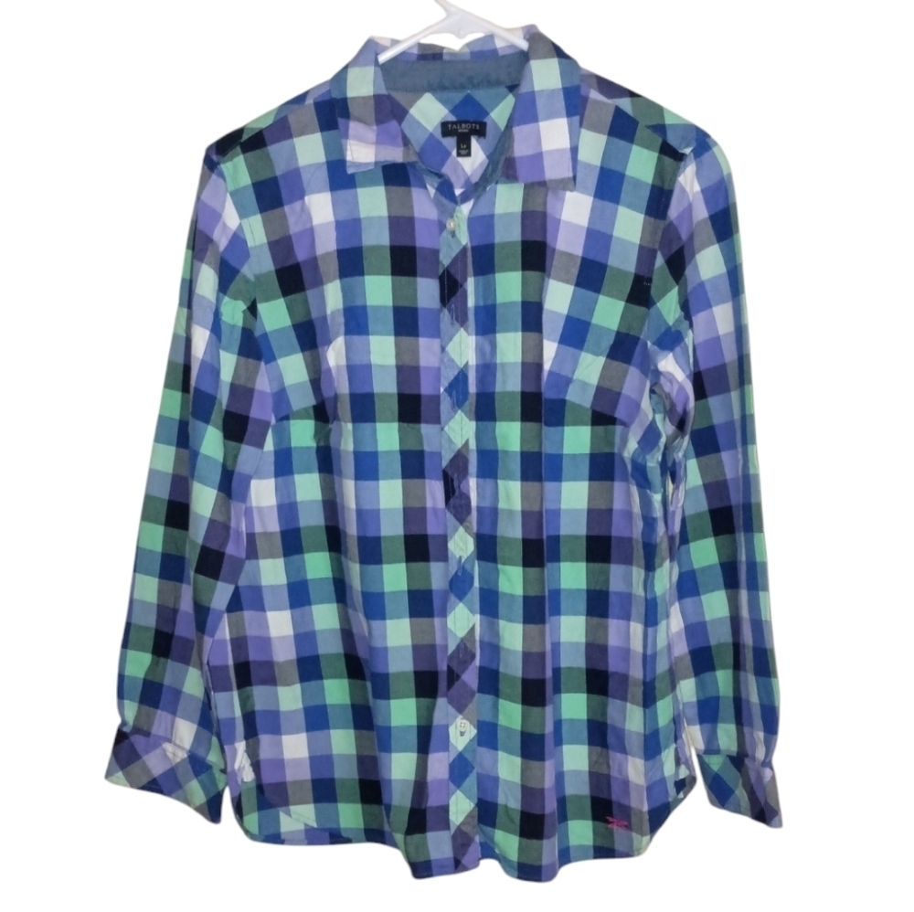 Talbots Petites purple/blue/green plaid button-up shirt size LP